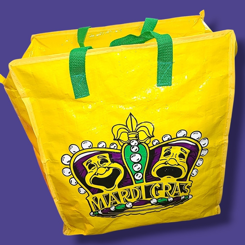 Mardi Gras Tote Throw Bag Yellow Reusable Zipper Shopping Carnival Mask 16x13x7 - Picture 2 of 5